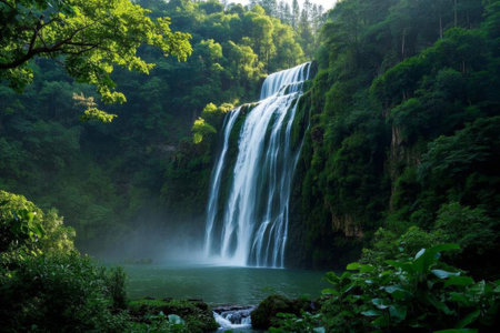 The magnificence of flying down three thousand feet, the green symphony between mountains and riversの素材