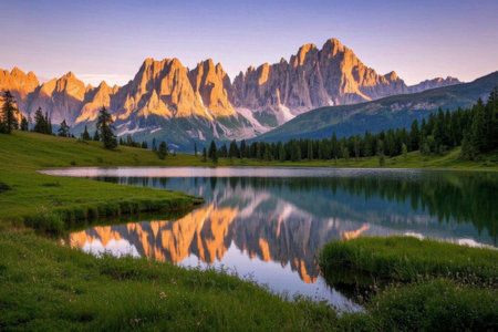 The tranquil lake of the Dolomites, the Alpine scenery of lakes and mountainsの素材