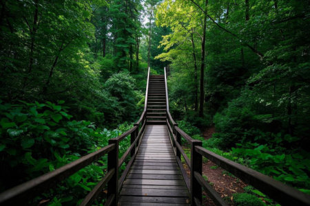Stairs to the depths of the forest, green plank roadsの素材