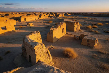 The sunset over the ruins of the ancient desert city, the echo of the ancient Silk Road cityの素材
