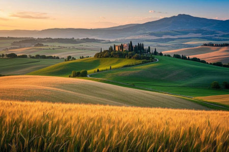 Tuscan idyllic scenery, golden wheat fields and mountain castlesの素材