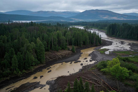 Ecological picture of muddy river courses, river changes among mountains and forestsの素材
