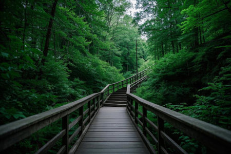 The quiet time of the plank road in the forest, the stairs to the depths of the forestの素材