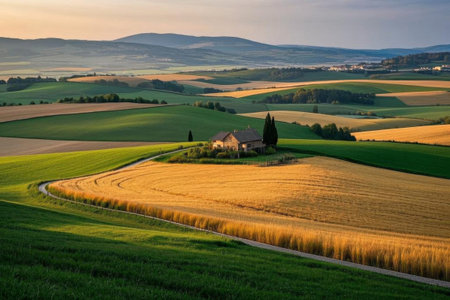 Idyllic madrigals in golden wheat fields, Tuscan idyllic sceneryの素材