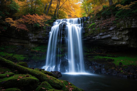 A poetic picture of an autumn waterfall, a natural symphony of mountain waterfallsの素材