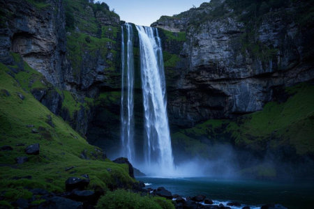 The magnificent waterfall flows down, and the cool waterfall, a secret place in the mountainsの素材