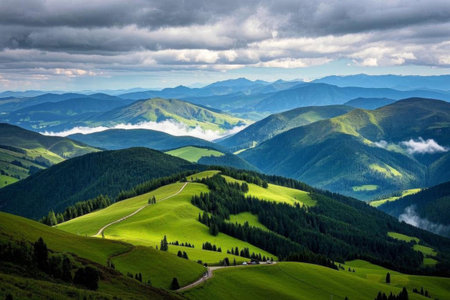 The winding road among the green mountains, the mountain madrigals shrouded in clouds and mistの素材