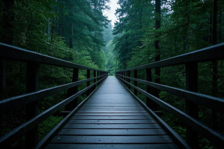 A wooden bridge in a quiet forest, a green road to a secret placeの素材