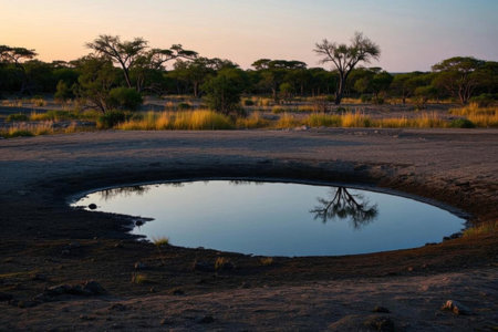 Quiet pond of the African steppes, the tree of life reflected in the pondの素材