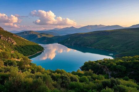 The tranquil beauty of the lakes and mountains, the picturesque reflection between the mountains and riversの素材