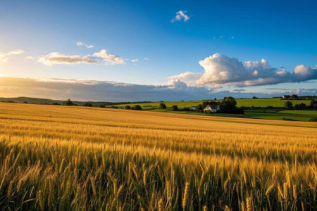 Harvest scene of golden wheat fields, pastoral scenery and light of hopeの素材