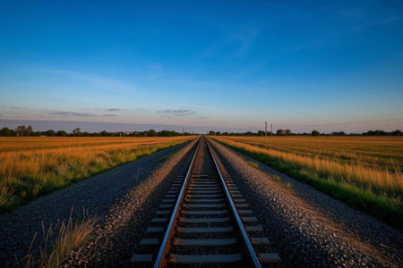 Railway tracks to the distance, extension lines between fieldsの素材