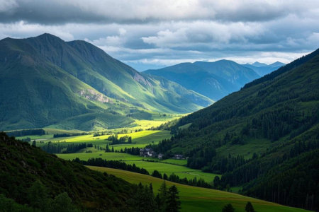 Green symphony among the valleys, quiet mountains and rivers in the shadow of cloudsの素材