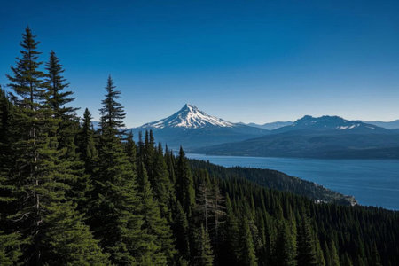 The tranquility and distance between the snow-capped mountains and lakes, the magnificent picture of the forest-capped snow-capped mountains and lakesの素材