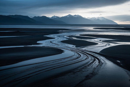 The quiet course of the river and the distant mountains, the whispers of the veins of the earthの素材