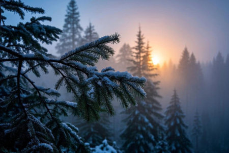 Quiet sunrise in the forest after snow, warm winter sun in the pine forest in the mistの素材