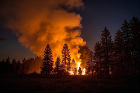 Fire under the forest night, forest fire warning in the dark nightの素材