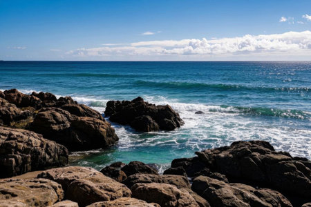 The tranquil waves of the reef coast, the natural picture of the sea and the skyの素材