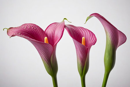 Elegant blooming of purple calla lilies, beauty of water-dotted calla liliesの素材