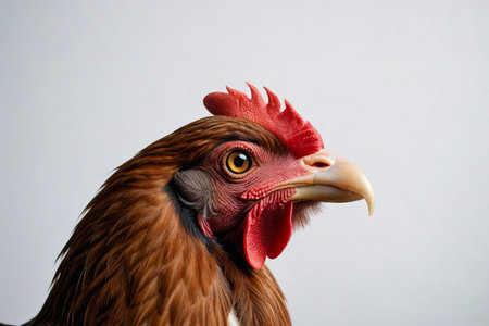 Side-face close-up of a red-feathered chicken, with elaborate details of the chicken headの素材