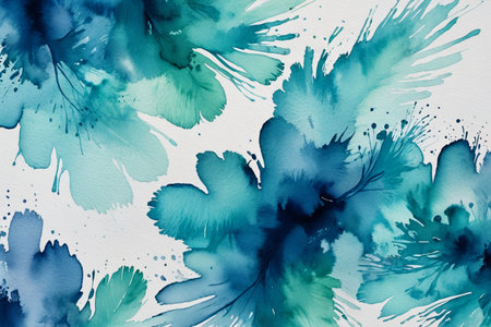 Abstract flowers blended in watercolor, artistic blooms in blue-green tonesの素材