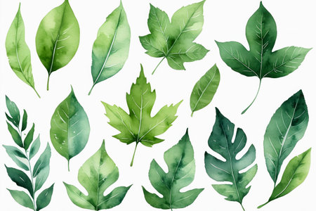 Watercolor green leaves fresh artistic conception Green leaf artの素材