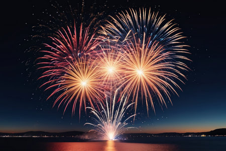 Gorgeous Fireworks in the Night Sky Fireworks Celebration Night by the Riverの素材