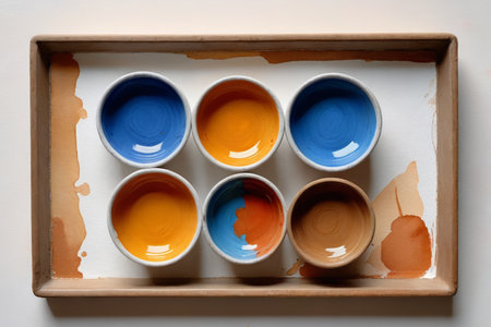 Colorful ceramic small bowl Artistic still life on a trayの素材