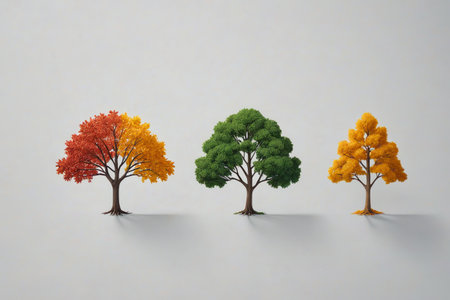 Trees in four seasons colors Three trees of different colorsの素材