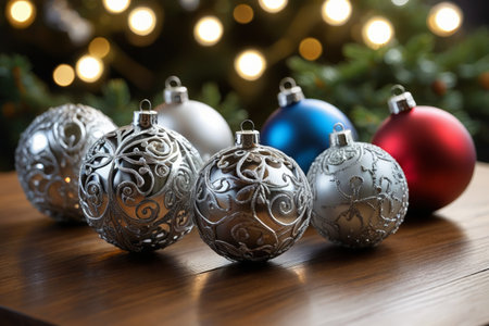 Holiday brilliance of Christmas balls Close up of bright Christmas decorative ballsの素材