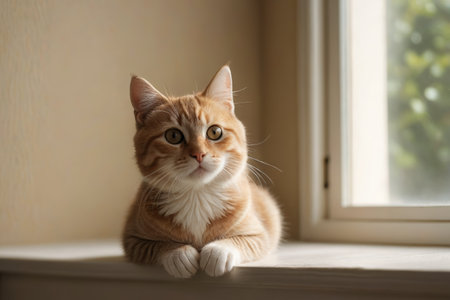 The orange cat taking a nap by the window and the gentle gaze of its cute petの素材