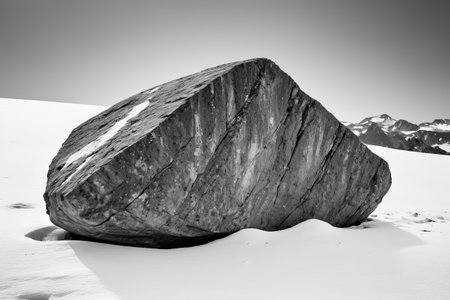Huge rocks on the snow and distant mountain landscapeの素材