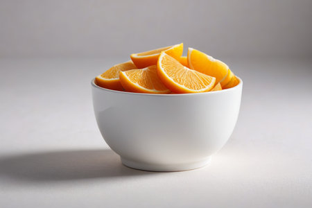 Fresh orange slices in a white bowlの素材