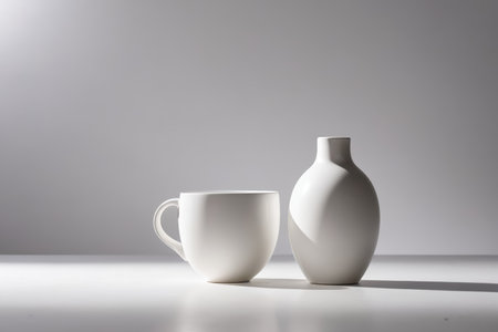 Close-up of a still life with white cup and bottleの素材
