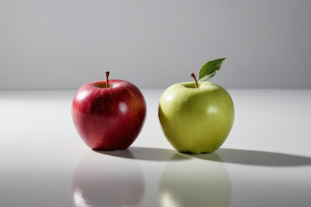 Close-up of a still life with red and blue applesの素材