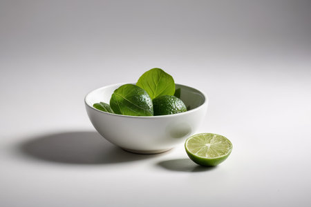 Place lime and green leaves in a white bowlの素材