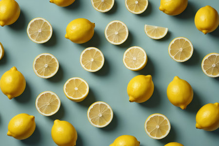 Lemon and lemon slices on a blue backgroundの素材
