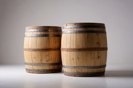 Close-up of two wooden wine barrelsの素材
