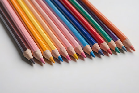 a close up of a group of colored pencils on a white surfaceの素材