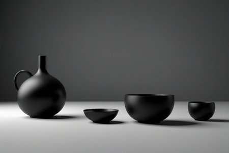 there are three black bowls and a black vase on a tableの素材