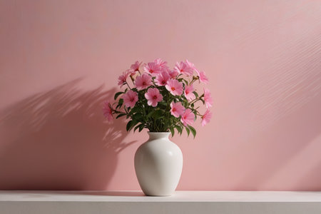 there is a white vase with pink flowers in it on a shelfの素材