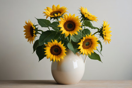 there is a white vase with sunflowers in it on a tableの素材