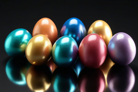 a close up of a group of shiny colored eggs on a black surfaceの素材