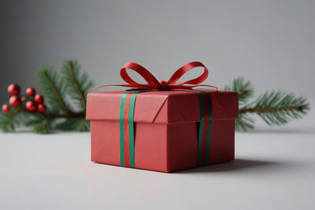 there is a red gift box with a green ribbon and a pine branchの素材