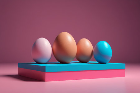 three eggs are sitting on a pink and blue platformの素材