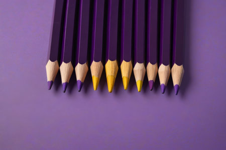 purple pencils lined up in a row on a purple surfaceの素材