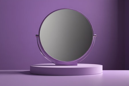 purple round mirror on a pedestal with a purple wallの素材