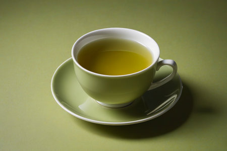 there is a cup of tea on a saucer with a spoonの素材