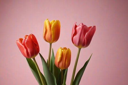 there are three tulips in a vase on a tableの素材