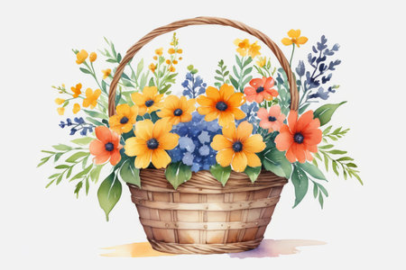 there is a basket with flowers and leaves on itの素材